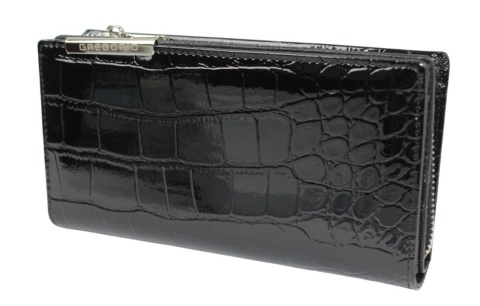 Portfel Damski Skórzany GREGORIO Lakierowany Długi Z Suwakiem Na Zewnątrz BC-124 CZARNY 19,5 x 10 x 3,5 [cm]