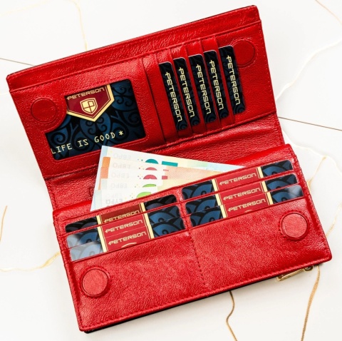 Portfel Damski Skórzany Peterson Lakierowany Długi Z Suwakiem Na Zewnątrz PTN-PS1431 CZERWONY 19,5 x 10 x 3,5 [cm]