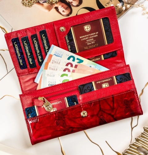 Portfel Damski Skórzany Peterson Długi Suwak Wewnątrz Skóra Naturalna Lakierowana PTN 72037 CZERWONY 18,5 x 9 x 3,5 [cm]