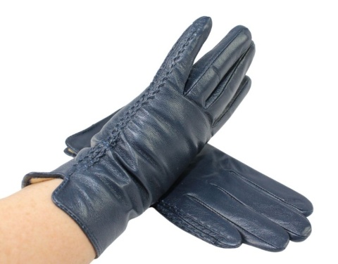 Skórzane Ocieplane Rękawiczki Damskie PolskaGalanteria.pl Ze Skóry Naturalnej GRANATOWE Rozmiar 8 1/2