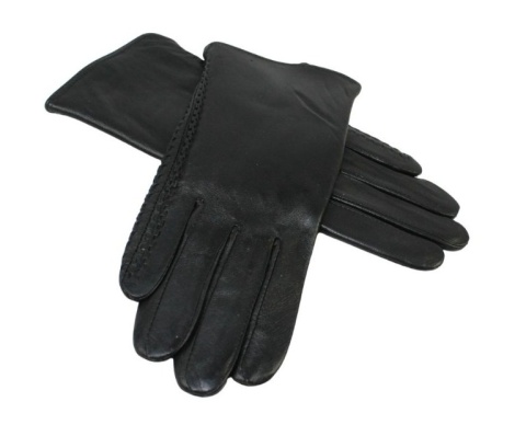 Skórzane Ocieplane Rękawiczki Damskie PolskaGalanteria.pl Ze Skóry Naturalnej Z Wzorkiem Podwójna Nitka CZARNE Rozmiar 7 1/2