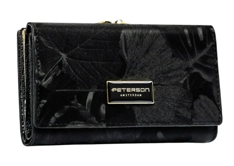 Portfel Damski Skórzany Peterson Klamra I Klapka Skóra Naturalna RFID PTN PS-108 CZARNY 14 x 9 x 3 [cm]