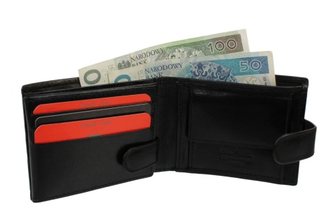 Portfel Męski Skórzany PIERRE CARDIN Skóra Licowa Mały Poziomy Z Zapinką Dwa Skrzydełka 323A CZARNY 10,5 x 9 x 2 [cm]