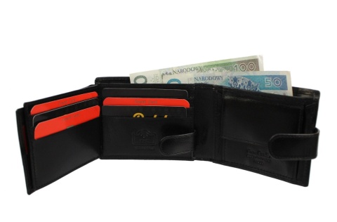 Portfel Męski Skórzany PIERRE CARDIN Skóra Licowa Mały Poziomy Z Zapinką Dwa Skrzydełka 323A CZARNY 10,5 x 9 x 2 [cm]