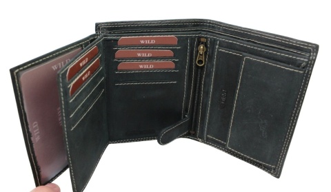 Portfel Męski Skórzany WILD Skóra Licowa Duży Pionowy Bez Zapięcia Zamszowy CZARNY ''De Luxe'' 8932 13 x 10 x 3 [cm]