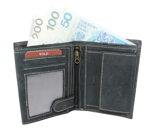 Portfel Męski Skórzany WILD Skóra Licowa Duży Pionowy Bez Zapięcia Zamszowy CZARNY ''De Luxe'' 8932 13 x 10 x 3 [cm]