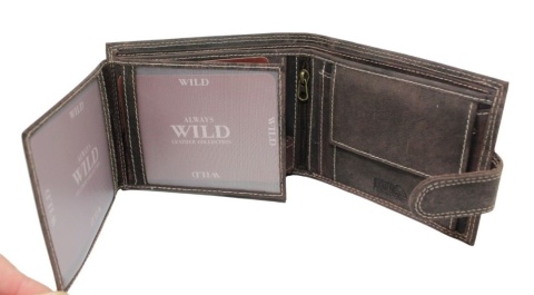 Portfel Męski Skórzany WILD Skóra Licowa Duży Poziomy Z Zapięciem RFID CZEKOLADOWY Zamszowy 9014 12,5 x 10 x 2  [cm]