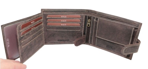 Portfel Męski Skórzany WILD Skóra Licowa Duży Poziomy Z Zapięciem RFID CZEKOLADOWY Zamszowy 9014 12,5 x 10 x 2  [cm]