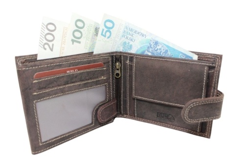 Portfel Męski Skórzany WILD Skóra Licowa Duży Poziomy Z Zapięciem RFID CZEKOLADOWY Zamszowy 9014 12,5 x 10 x 2  [cm]