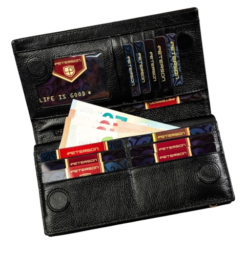 Portfel Damski Skórzany Peterson Aksamitny Długi Z Suwakiem Na Zewnątrz RFID PTN-PS1431 CZARNY 19,5 x 10 x 3,5 [cm]