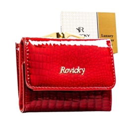 Portfel Damski Skórzany Rovicky (PL) Skóra Naturalna Lakierowany Mały Z Klamrą RFID RH-32 CZERWONY 9,5 x 7,5 x 3 [cm]