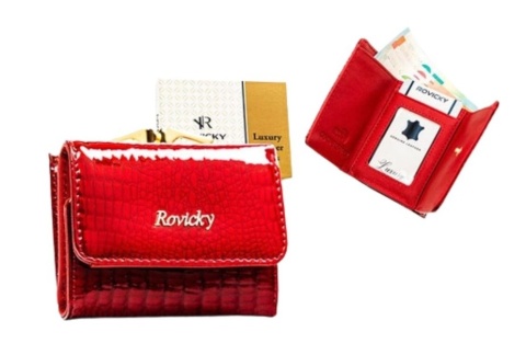Portfel Damski Skórzany Rovicky (PL) Skóra Naturalna Lakierowany Mały Z Klamrą RFID RH-32 CZERWONY 9,5 x 7,5 x 3 [cm]
