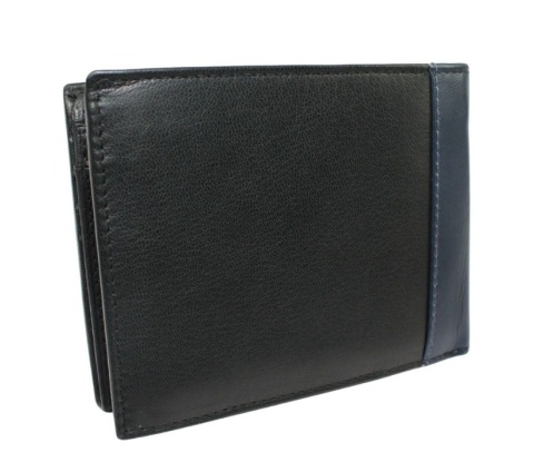 Portfel Męski Skórzany PIERRE CARDIN Skóra Licowa Duży Poziomy Bez Zapięcia CZARNY Z Niebieskim Paskiem 8806