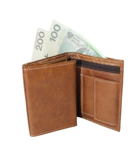 Portfel Męski Skórzany BELTIMORE (PL) Skóra Licowa Duży Pionowy Bez Zapięcia Trzy Skrzydełka RIFD S49 Brązowy 13 x 9,5 x 2 [cm]