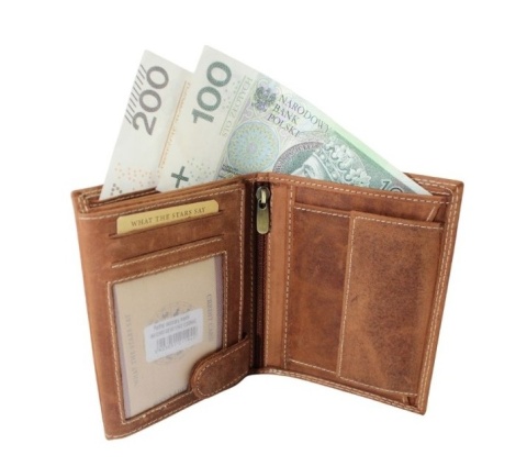 Portfel Męski Skórzany Polska Galanteria (PL) Skóra Licowa Pionowy Bez Zapięcia Znak Zodiaku Wodnik RIFD 12,5 x 9,5 x 2,5 [cm}