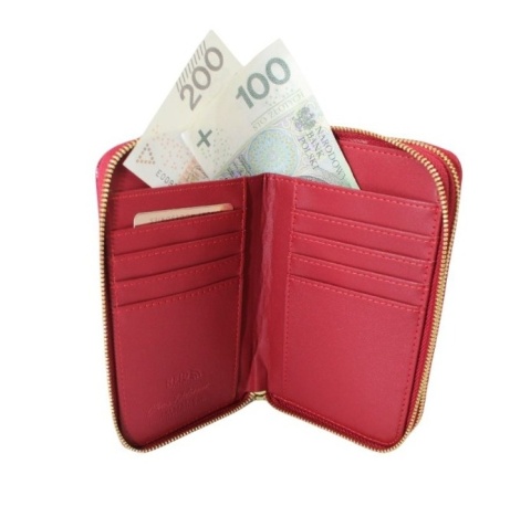 Portfel Damski Skóra Naturalna PETERSON Z Podwójnym Suwakiem Piórnik PTN 007 RFID CZERWONY LAKIEROWANY 16 x 10 x 4 [cm]