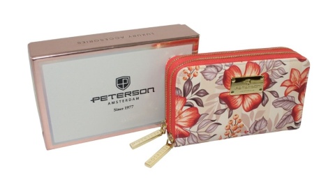 Portfel Damski Skóra Włoska PETERSON Z Podwójnym Suwakiem Piórnik PTN 007-F8 RFID WZÓR KWIECISTY 16 x 10 x 4 [cm]