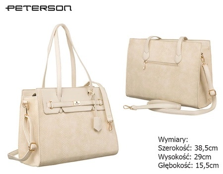 Torebka Ze Skóry Włoskiej PETERSON Elegancki Stylowy Kuferek R-1907 KREMOWY 38 x 29 x 16 [cm]