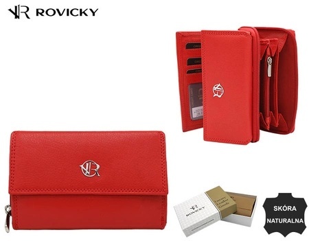 Portfel Damski Skóra Licowa Rovicky (PL) Suwak Na Zewnątrz RFID Kuferek R-D1511 CZERWONY 15 x 9,5 x 3,5 [cm]