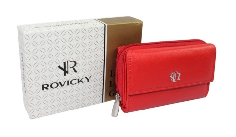 Portfel Damski Skóra Licowa Rovicky (PL) Suwak Na Zewnątrz RFID Kuferek R-D1511 CZERWONY 15 x 9,5 x 3,5 [cm]