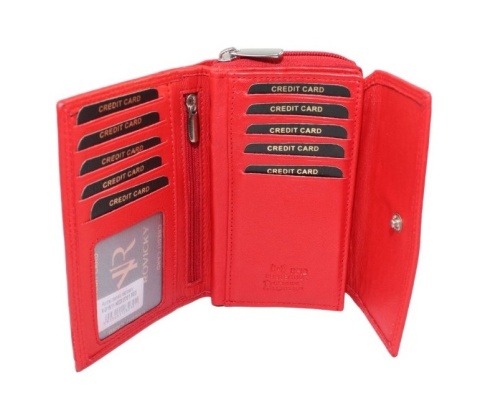 Portfel Damski Skóra Licowa Rovicky (PL) Suwak Na Zewnątrz RFID Kuferek R-D1511 CZERWONY 15 x 9,5 x 3,5 [cm]