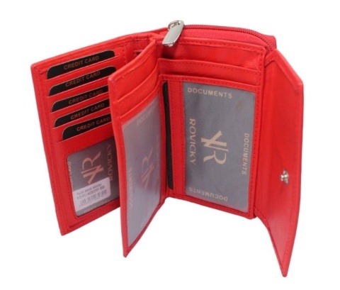 Portfel Damski Skóra Licowa Rovicky (PL) Suwak Na Zewnątrz RFID Kuferek R-D1511 CZERWONY 15 x 9,5 x 3,5 [cm]