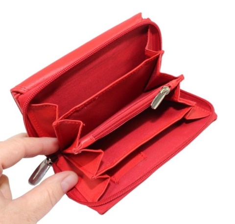 Portfel Damski Skóra Licowa Rovicky (PL) Suwak Na Zewnątrz RFID Kuferek R-D1511 CZERWONY 15 x 9,5 x 3,5 [cm]