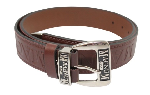 Pasek Skórzany HADA (PL) Tłoczony "MAGNUM" Z Metalową Końcówką Skóra Licowa EXTRA 40 mm CZEKOLADOWY Imitacja Szycia Cienką Nitką