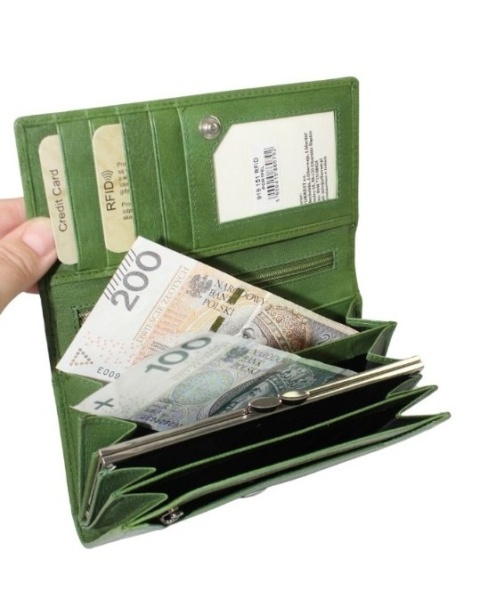 Portfel Damski Skórzany El Forest (PL) Klamra Wewnątrz Skóra Bydlęca RFID 919 151 ZIELONY 16,5 x 9 x 3 [cm]