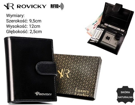 Portfel Męski Skórzany ROVICKY Skóra Licowa Duży Pionowy Z Zapięciem RV-8191L CZARNY 12 x 9,5 x 2,5 [cm]