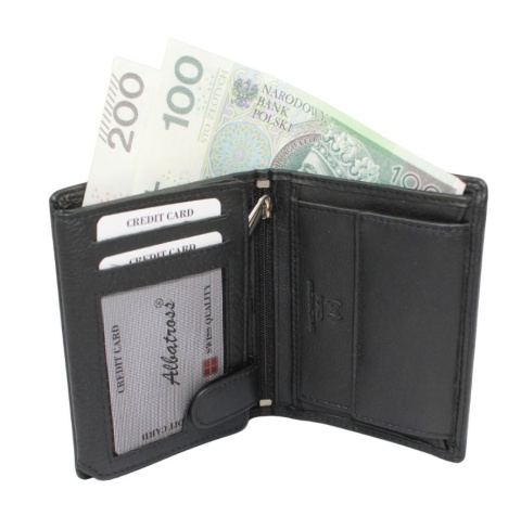 Elegancki Portfel Męski Skórzany ALBATROSS Skóra Licowa RFID Duży Pionowy RFID SN-MW10 CZARNY 12 x 10 x 2,5 [cm]