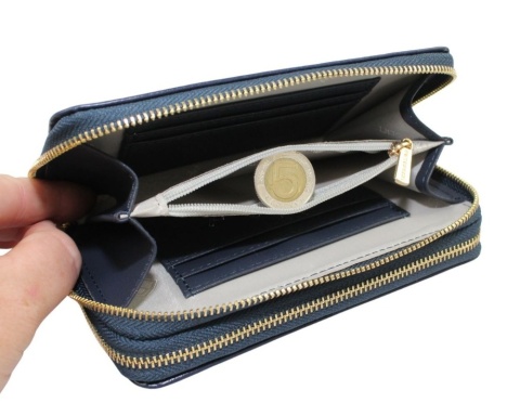Portfel Damski Skóra Naturalna PETERSON Z Podwójnym Suwakiem Piórnik PTN 007 RFID GRANATOWY 16 x 10 x 4 [cm]