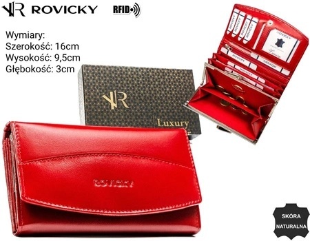 Portfel Damski Rovicky (PL) Skóra Licowa Duży Z Klamrą RFID R-RD-36-NGV CZERWONY 16 x 9,5 x 3 [cm]