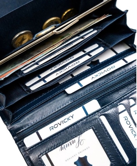Portfel Damski Rovicky (PL) Skóra Licowa Duży Z Klamrą RFID R-RD-36-NGV CZARNY 16 x 9,5 x 3 [cm]