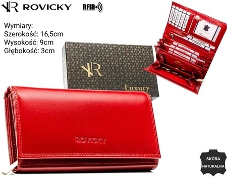 Portfel Damski Skórzany Rovicky (PL) Duży Na Suwak Skóra Naturalna RFID R-RD-37-NGV CZERWONY 16,5 x 9 x 3 [cm]