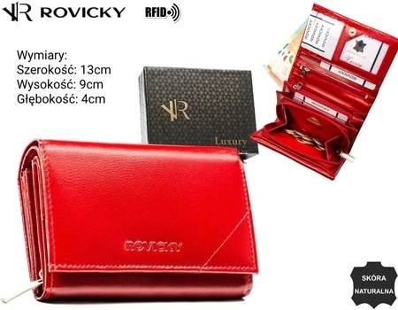 Portfel Damski Skórzany Rovicky (PL) Średni Suwak Z Klapką Wewnątrz Skóra Naturalna RFID R-RD-38-NGV CZERWONY 13 x 9 x 4 [cm]