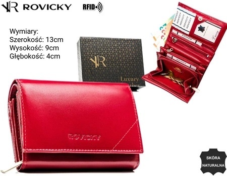 Portfel Damski Skórzany Rovicky (PL) Średni Suwak Z Klapką Wewnątrz Skóra Naturalna RFID R-RD-38-NGV MALINOWY 13 x 9 x 4 [cm]
