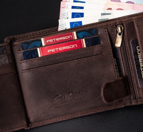 Portfel Męski Skórzany Peterson Skóra Licowa Duży Poziomy Z Zapięciem RFID PTN992L CZEKOLADOWY Zamszowy 13 x 10 x 2,5  [cm]