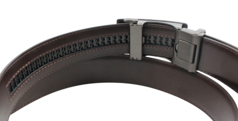 Wizytowy Pasek Skórzany 35 mm PolskaGalanteria (PL) Pełna Klamra AUTOMAT/ZĄBEK Garnitur CZEKOLADOWY SZYTY SREBRNA KLAMRA