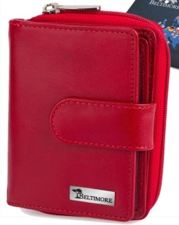 Damski Skórzany Portfel BELTIMORE Z Suwakiem Skóra Licowa Eleganckie Pudełko RFID A02 CZERWONY 12,5 x 9 x 3 [cm]