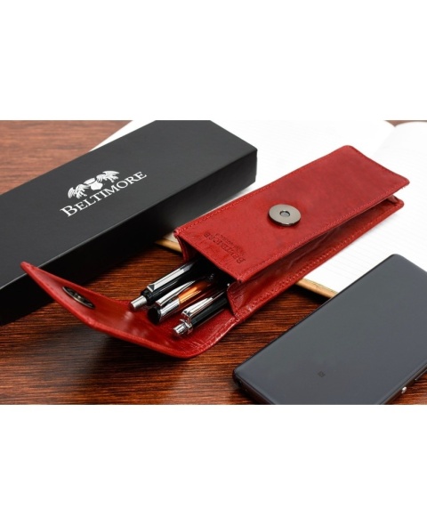 Eleganckie Etui Na Długopisy BELTIMORE Skóra Naturalna Licowa G91 CZERWONY 18 x 5,5 x 3 [cm]