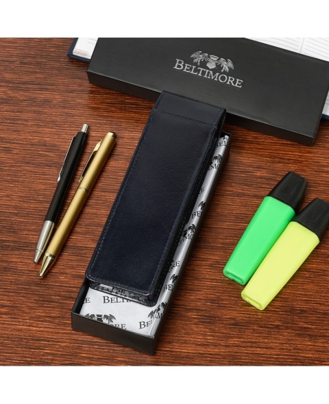 Eleganckie Etui Na Długopisy BELTIMORE Skóra Naturalna Licowa G91 GRANATOWY 18 x 5,5 x 3 [cm]