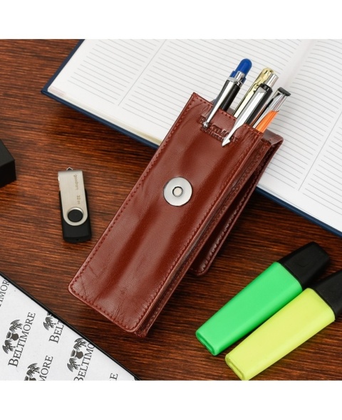 Eleganckie Etui Na Długopisy BELTIMORE Skóra Naturalna Licowa G91 BRĄZOWY 18 x 5,5 x 3 [cm]
