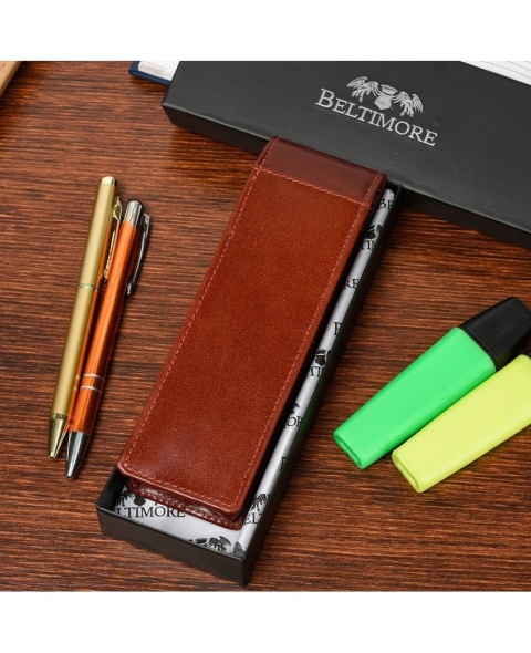 Eleganckie Etui Na Długopisy BELTIMORE Skóra Naturalna Licowa G91 BRĄZOWY 18 x 5,5 x 3 [cm]