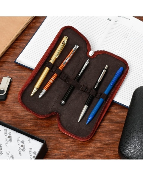 Eleganckie Etui Na Długopisy Pióro BELTIMORE Skóra Naturalna Licowa BRĄZOWE J05 19 x 8 x 3 [cm]
