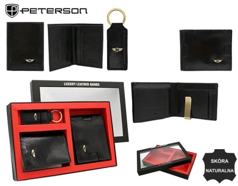 Elegancki I Stylowy Męski Zestaw Upominkowy Peterson Portfel + Etui + Breloczek SET3-N78-VT/5419 RFID CZARNY