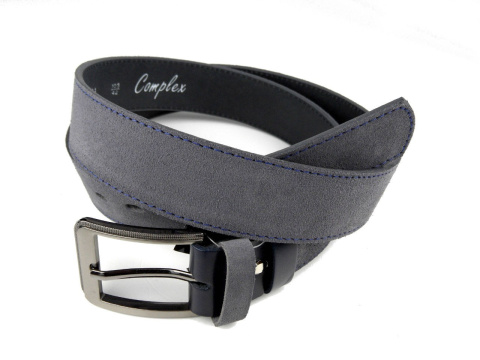 Pasek Popielaty Z Granatową Nitką COMPLEX (PL) Skóra Naturalna Licowa Zamsz 40 mm