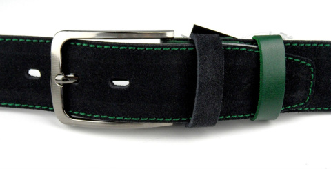 Pasek Czarny Z Zieloną Nitką COMPLEX (PL) Skóra Naturalna Licowa Zamsz 40 mm