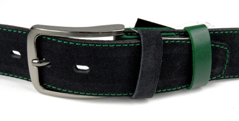 Pasek Czarny Z Zieloną Nitką COMPLEX (PL) Skóra Naturalna Licowa Zamsz 40 mm