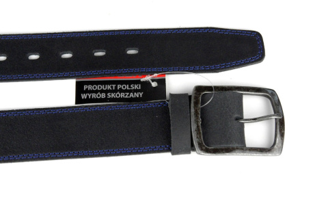 Pasek Skórzany COMPLEX (PL) GRINGO Czarny Z Podwójną Niebieską Nitką Skóra Licowa Matowa 40 mm